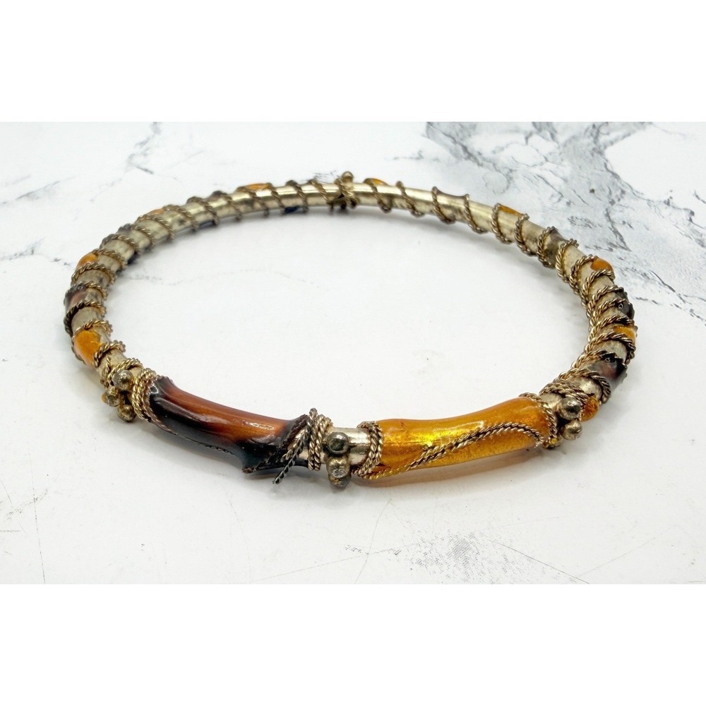 Brown Golden Yellow Wire Wrapped Bangle‎ Bracelet Gold Tone 9.75 Inch
